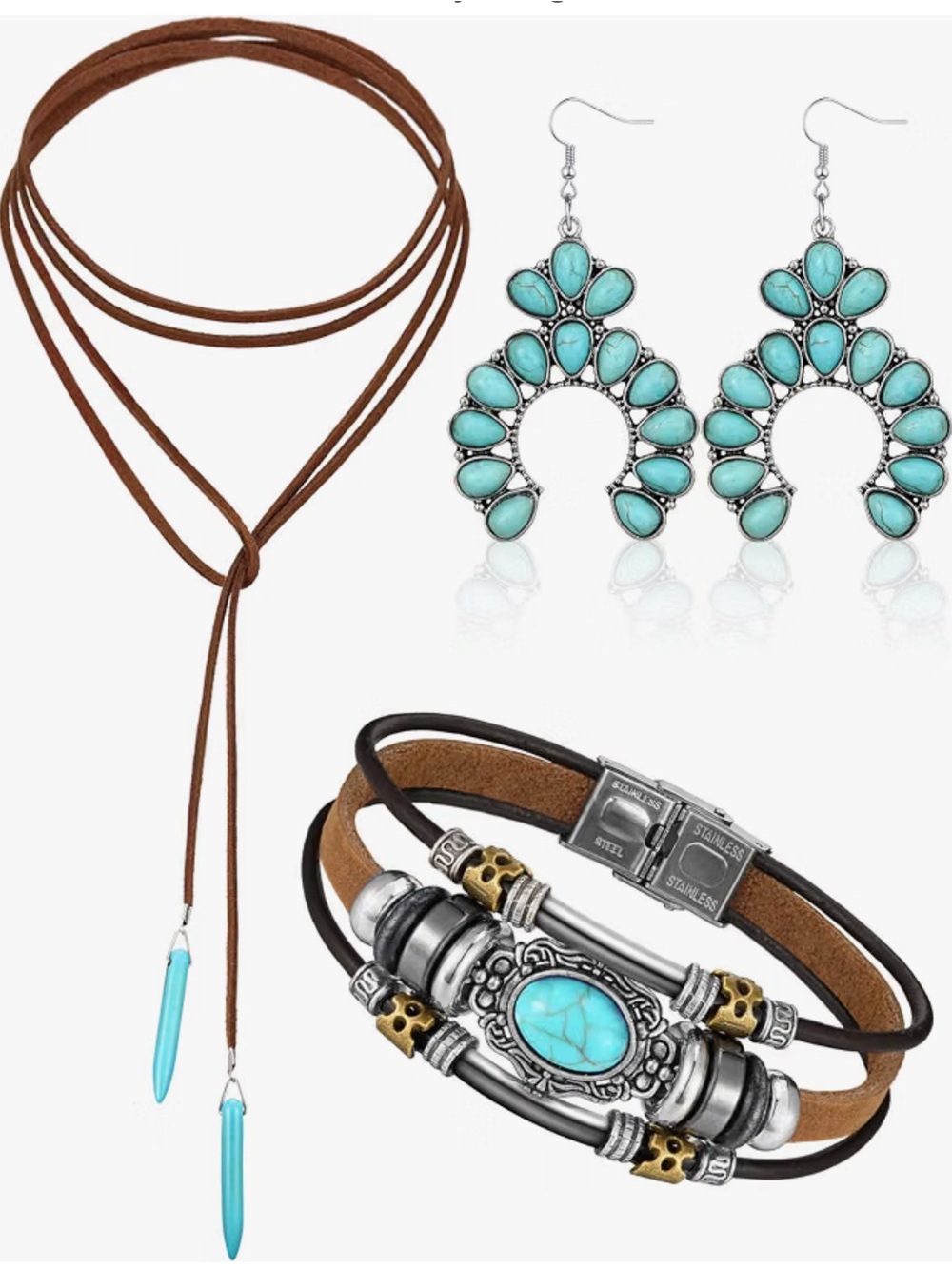 Boho Turquoise Jewelry Set — Earrings, Wrap Bracelet & Suede Lariat Necklace